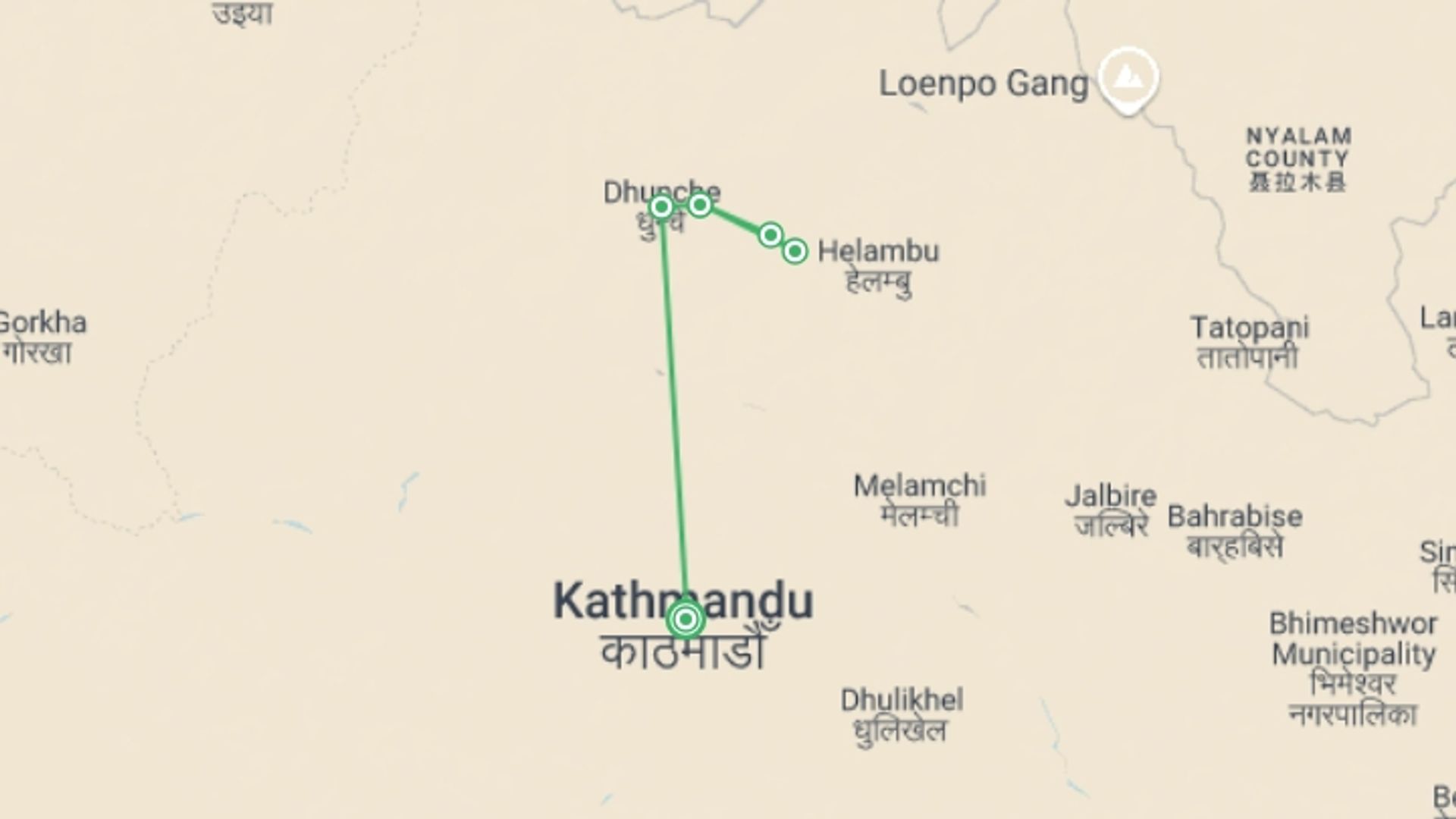A map showing the tour itinerary for the trip: Gosaikunda  Trekking 7-Days, starting in Kathmandu, Nepal and ending in Kathmandu, Nepal going through 5 other destinations.