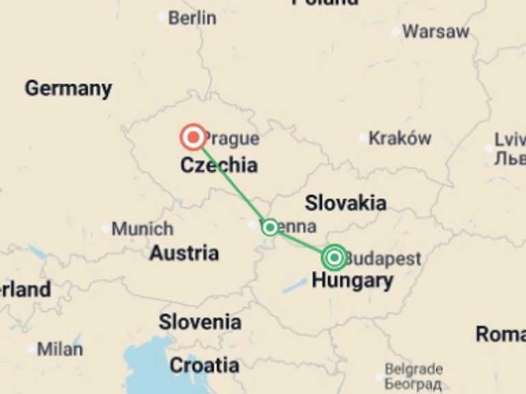 Map of Europe Tour with 2 destination visits for the trip: Eastern Capitals
