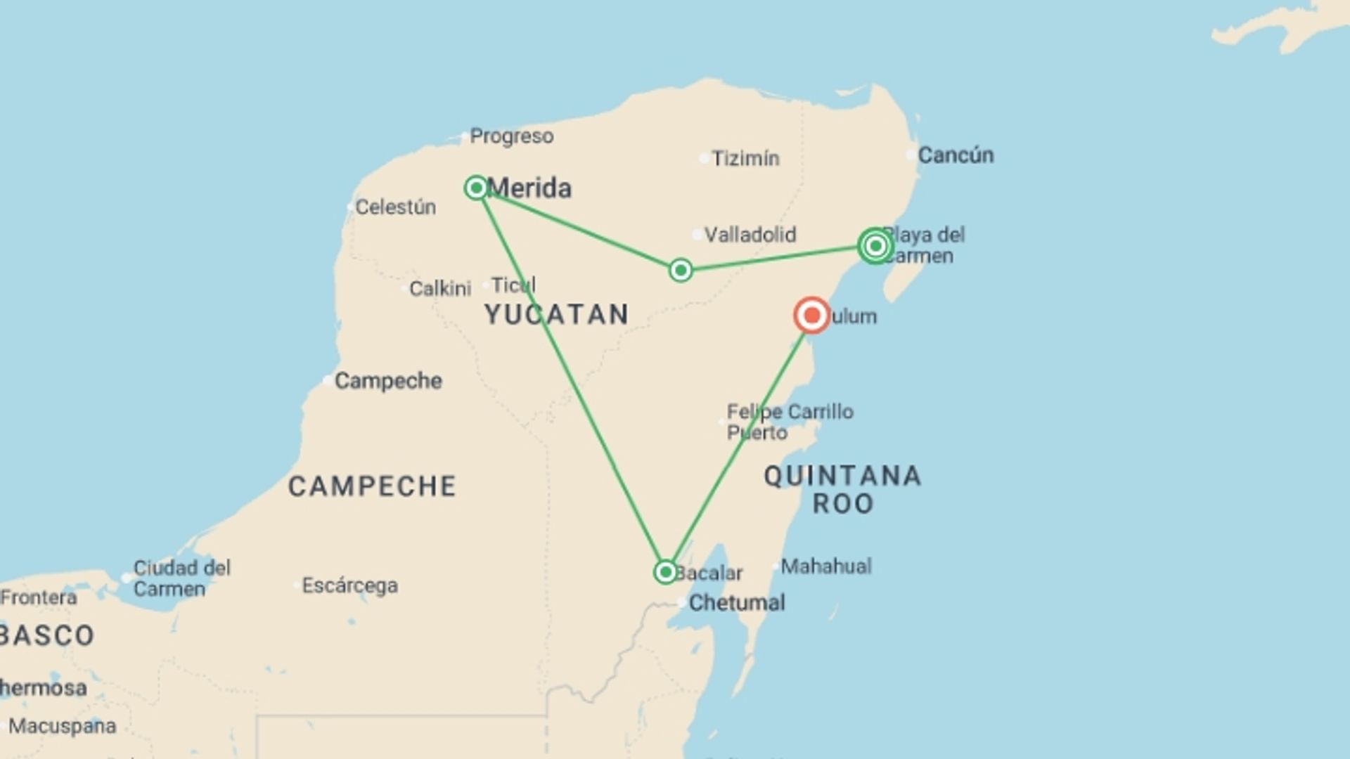 A map showing the tour itinerary for the trip: Solo-ish Mexico, starting in Playa Del Carmen, Mexico and ending in Tulum, Mexico going through 3 other destinations.