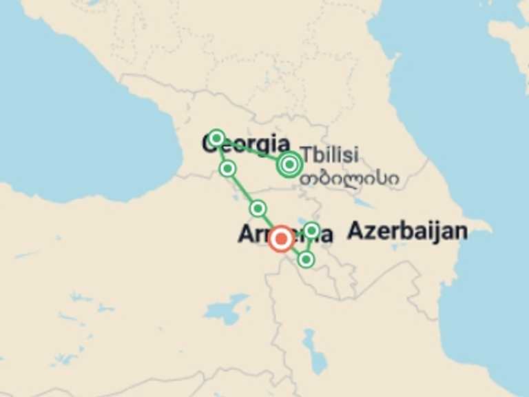 Map of Europe Tour with 7 destination visits for the trip: Georgia & Armenia Explorer