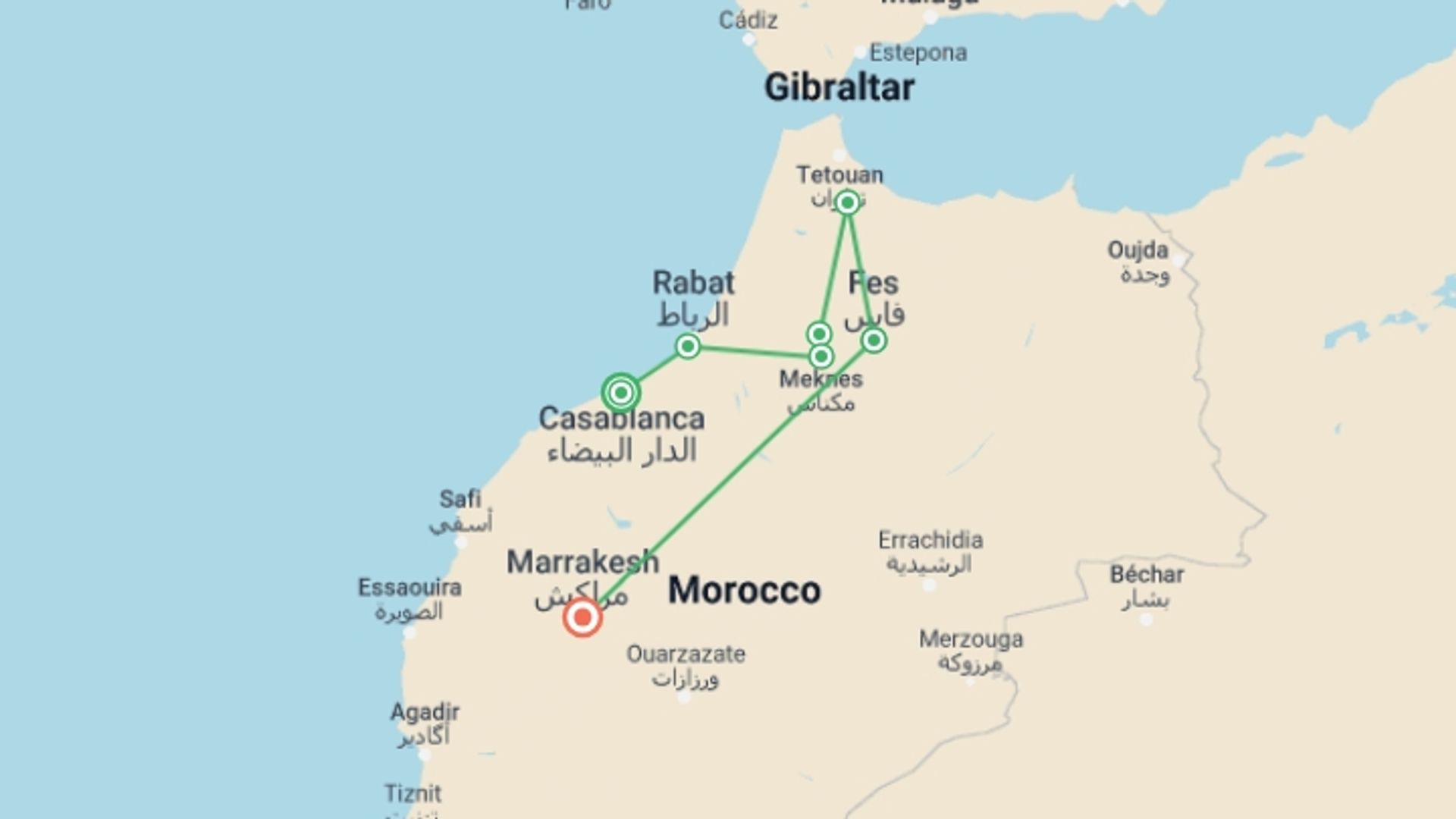 A map showing the tour itinerary for the trip: Best Of Morocco(4 Star Hotels), starting in Casablanca, Morocco and ending in Marrakech, Morocco going through 3 other destinations.