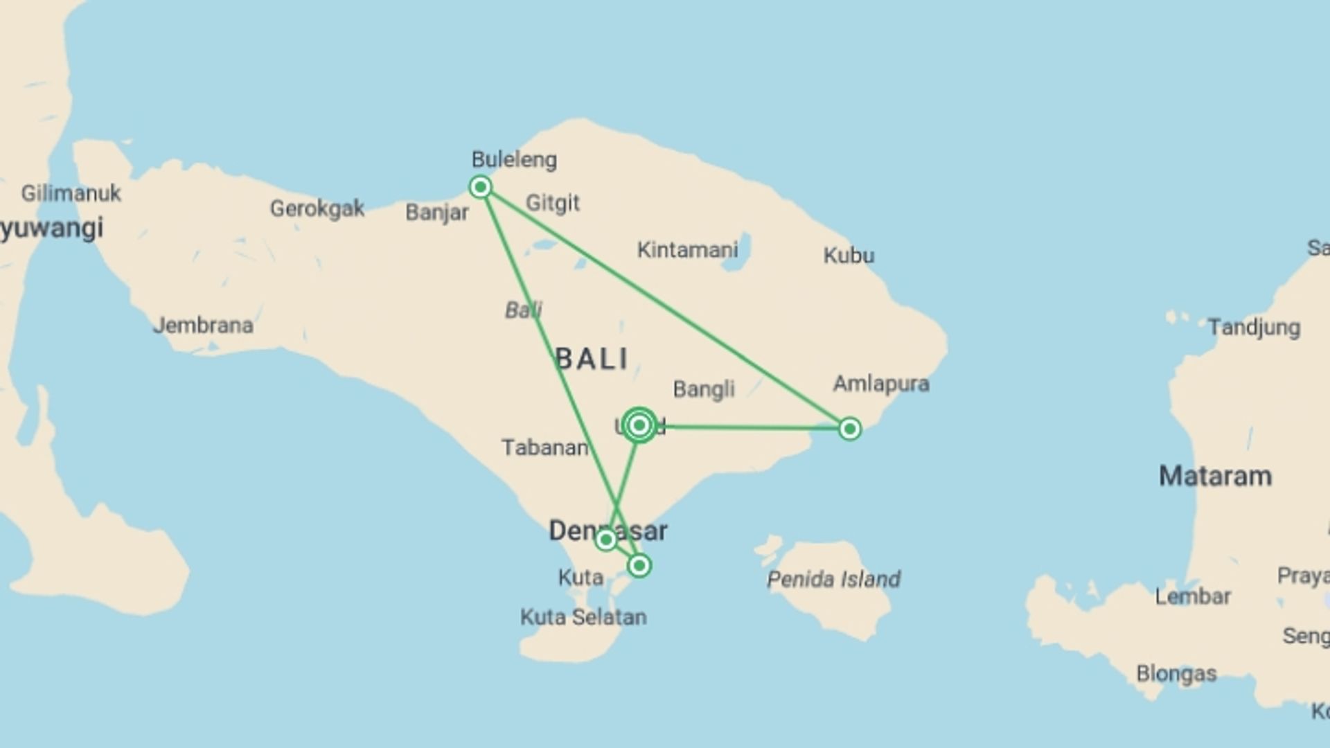 A map showing the tour itinerary for the trip: Bali: The Enchanted Island, French-speaking Guide, starting in Ubud, Indonesia and ending in Ubud, Indonesia going through 4 other destinations.