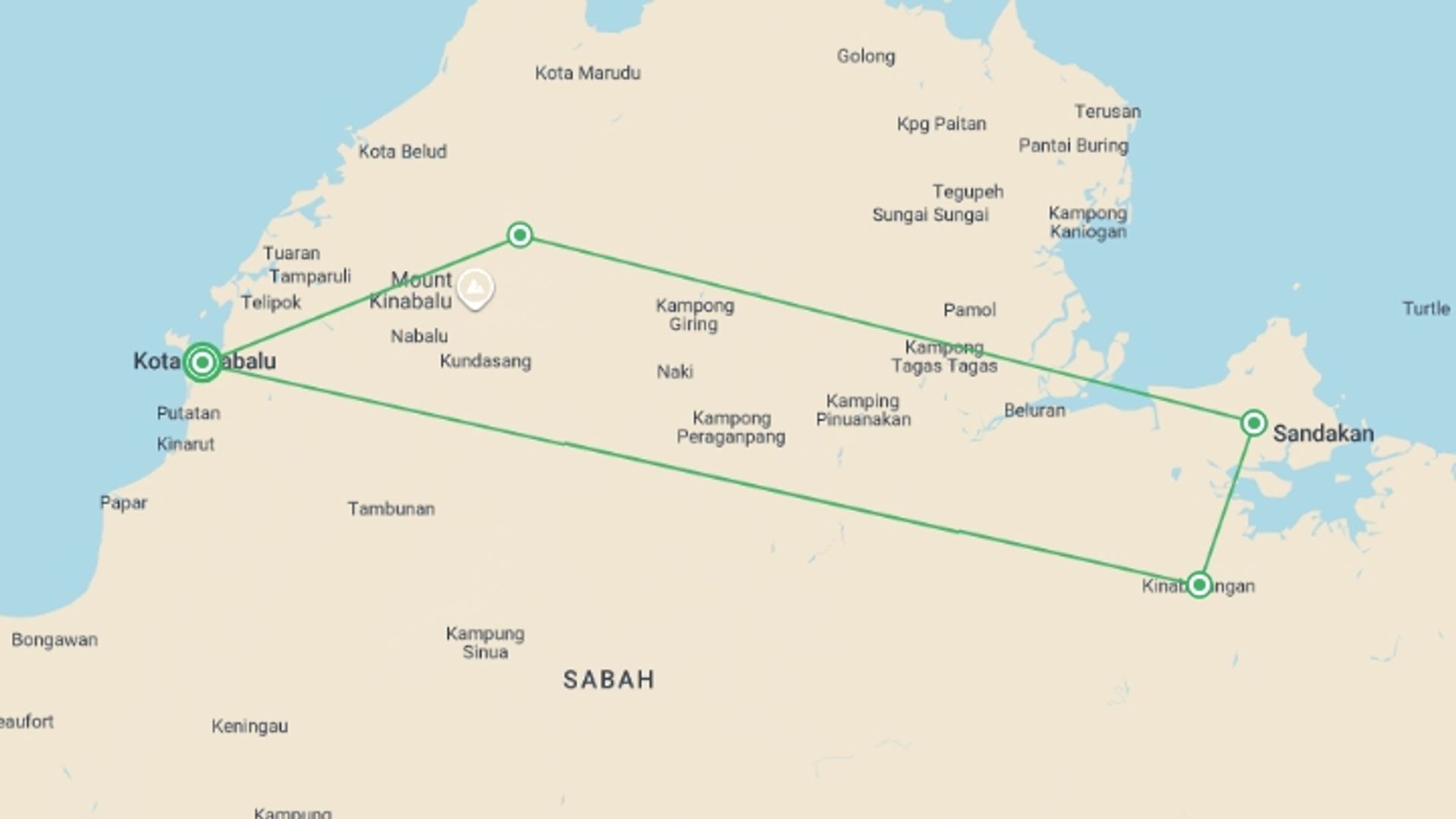 A map showing the tour itinerary for the trip: Family Borneo Wildlife Adventure, starting in Kota Kinabalu, Malaysia and ending in Kota Kinabalu, Malaysia going through 3 other destinations.