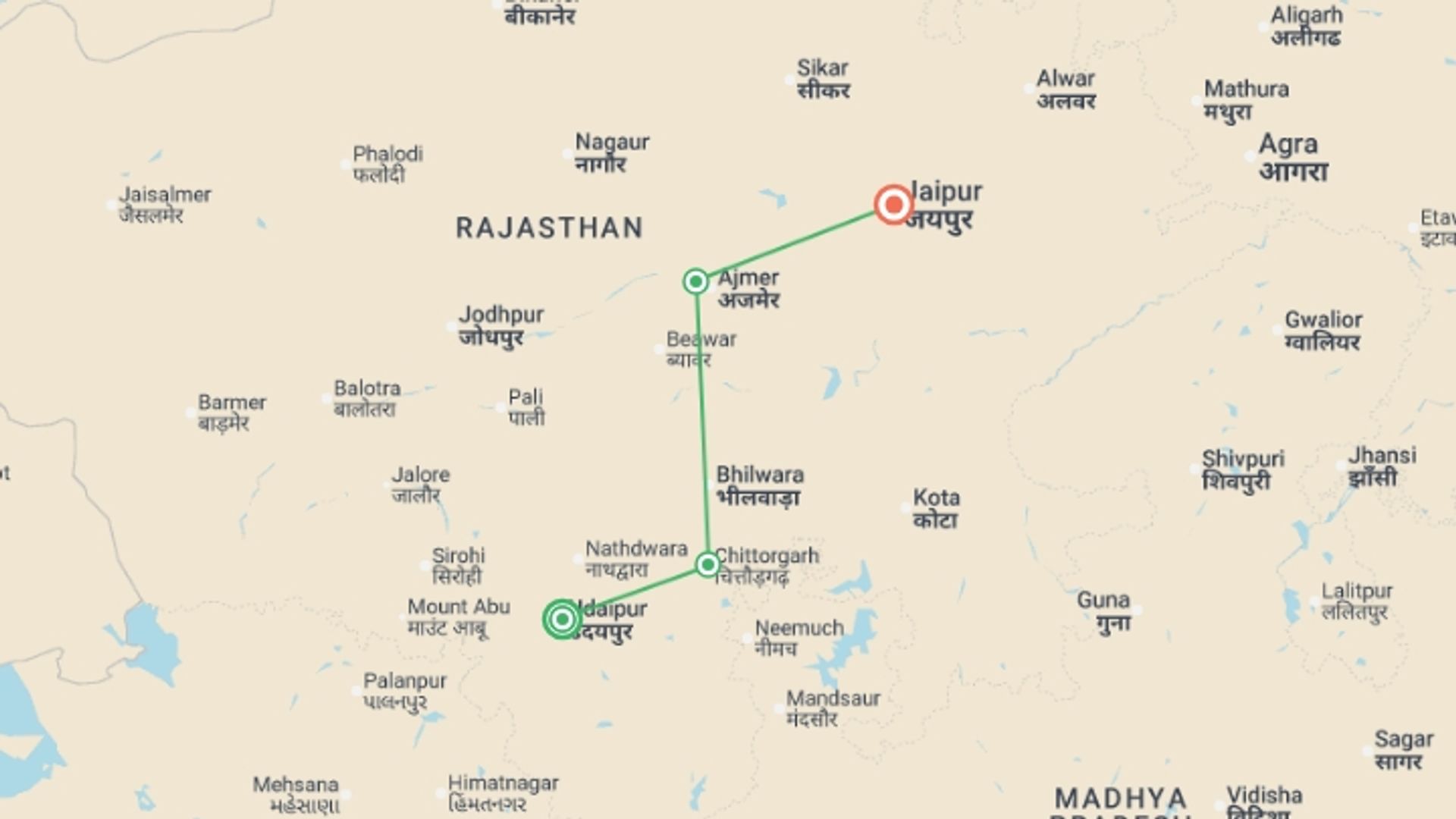 A map showing the tour itinerary for the trip: Highlights of Rajasthan, starting in Udaipur, India and ending in Jaipur, India going through 2 other destinations.