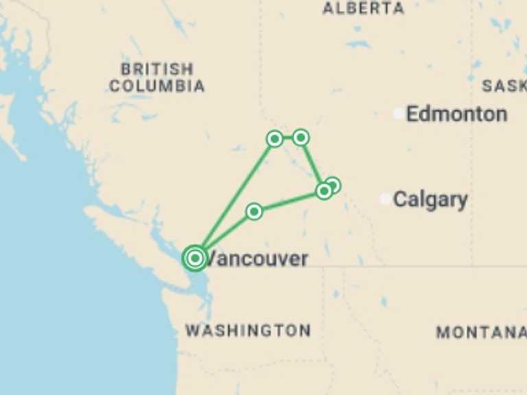 Map itinerary of Canada Tour in October 2025 with 3 destination visits for the trip: Canadian Rockies Summer Adventure - 4 days