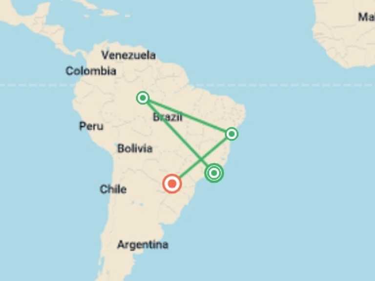 Map itinerary of South America Tour in July 2026 with 4 destination visits for the trip: 11 Nights in Rio de Janeiro, Foz do Iguazu, Salvador and Amazon