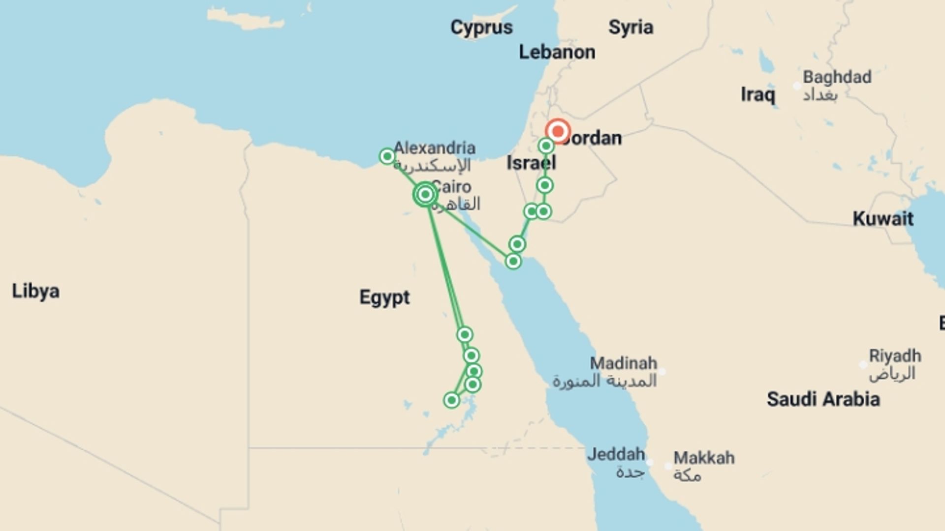 A map showing the tour itinerary for the trip: Amazing Egypt & Jordan (5 & 4 Star Hotels), starting in Cairo, Egypt and ending in Amman, Jordan going through 6 other destinations.
