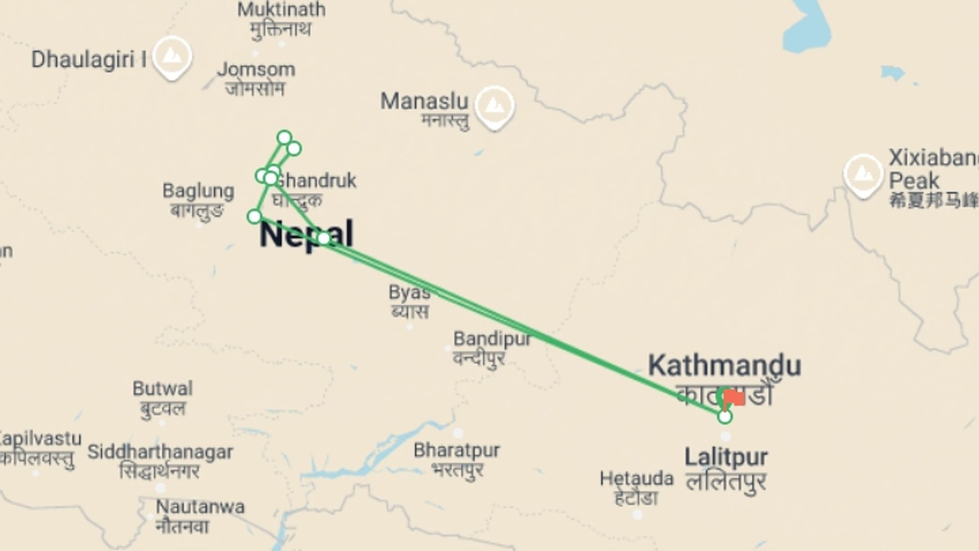 A map showing the tour itinerary for the trip: Annapurna Base Camp Trek, starting in Kathmandu, Nepal and ending in Kathmandu, Nepal going through 8 other destinations.