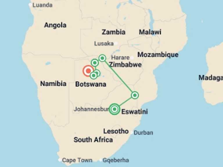 Map of Johannesburg Wildlife Tour with 7 destination visits for the trip: Premium Southern Africa in Depth