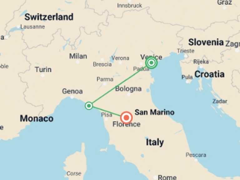 Map of Venice Explorer Tour with 3 destination visits for the trip: Journeys: Northern Italy, Venice to Florence