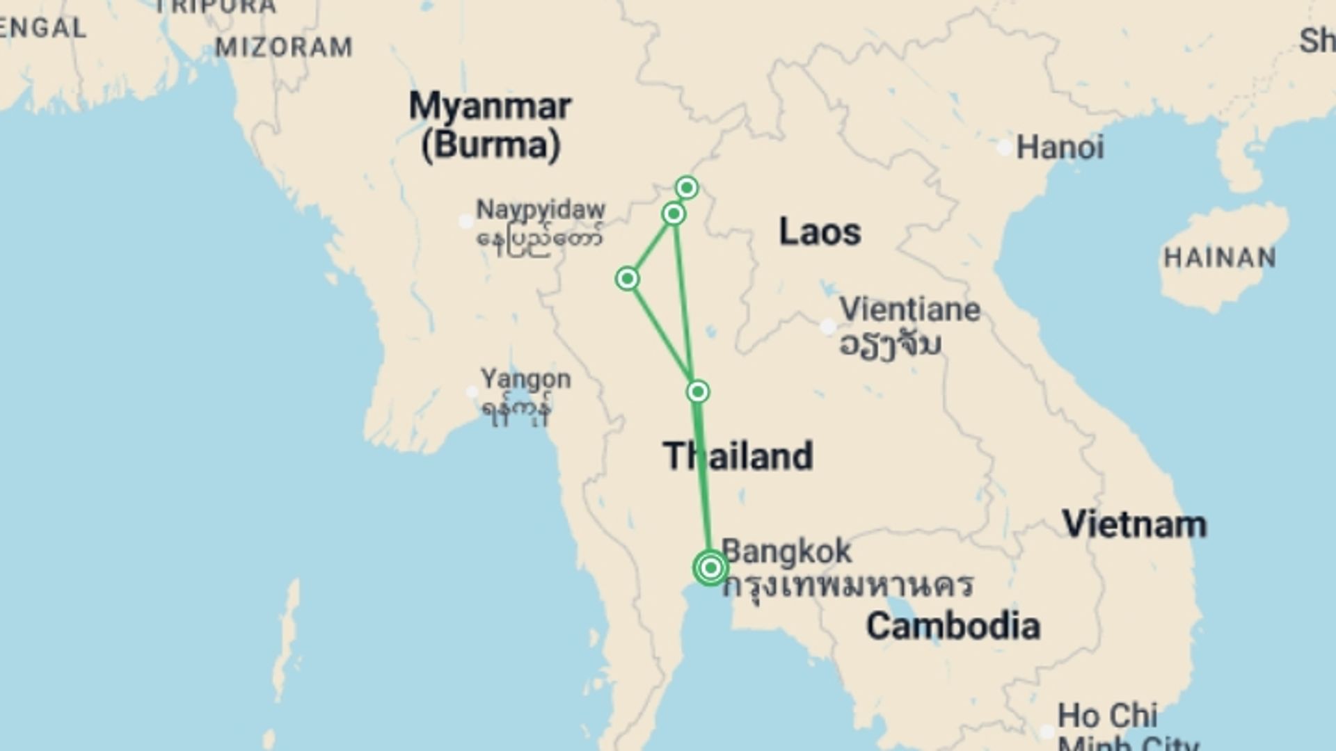 A map showing the tour itinerary for the trip: Bangkok And The North, Private Tour, starting in Bangkok, Thailand and ending in Mueang Chiang Rai, Thailand going through 4 other destinations.