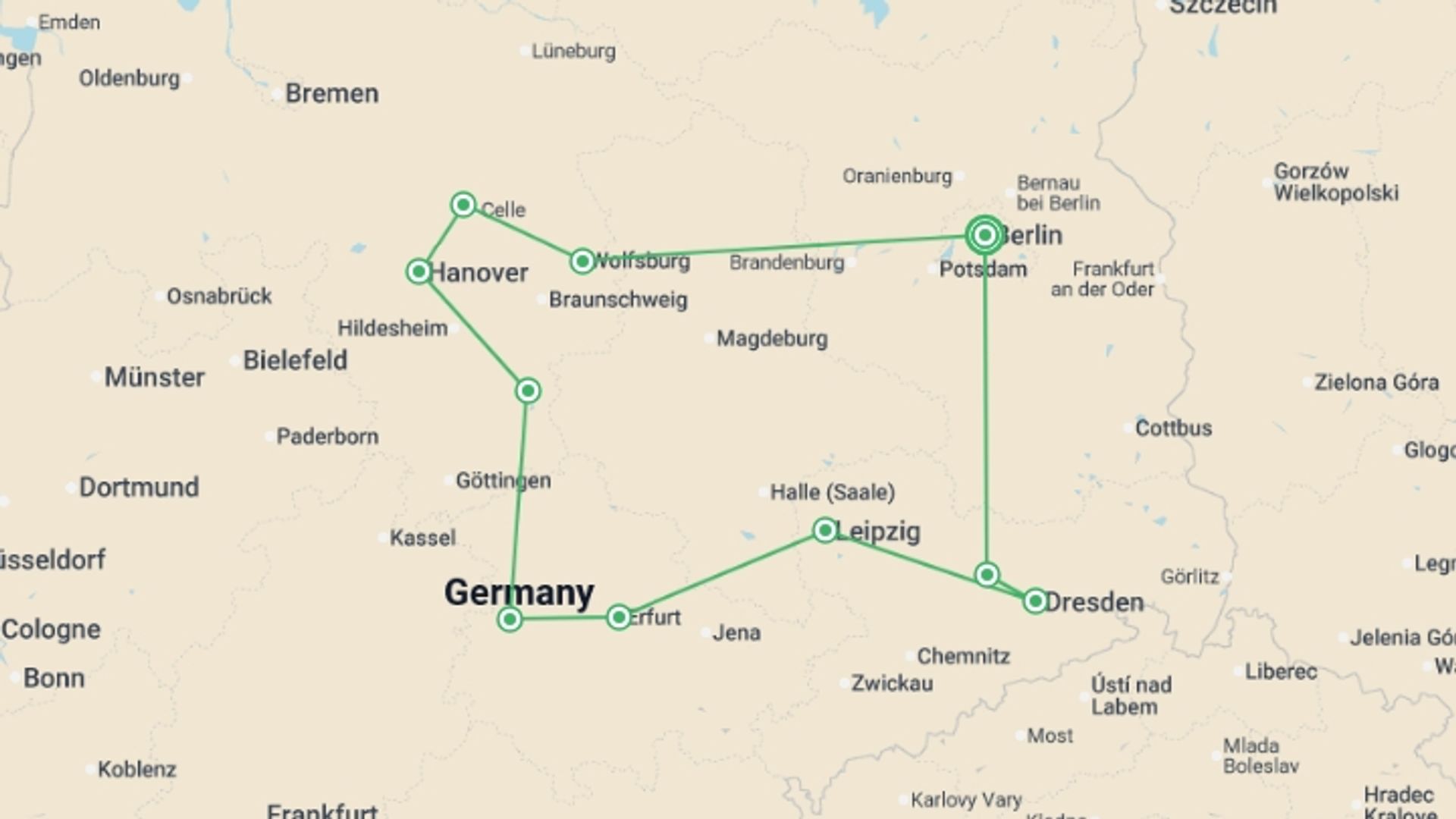 A map showing the tour itinerary for the trip: Adventure in the Heart of Germany with Berlin, starting in Berlin, Germany and ending in Berlin, Germany going through 3 other destinations.