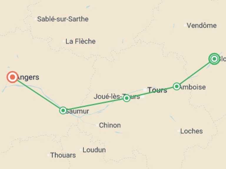 Map itinerary of France Tour in July 2026 with 6 destination visits for the trip: Cycle the Loire Valley