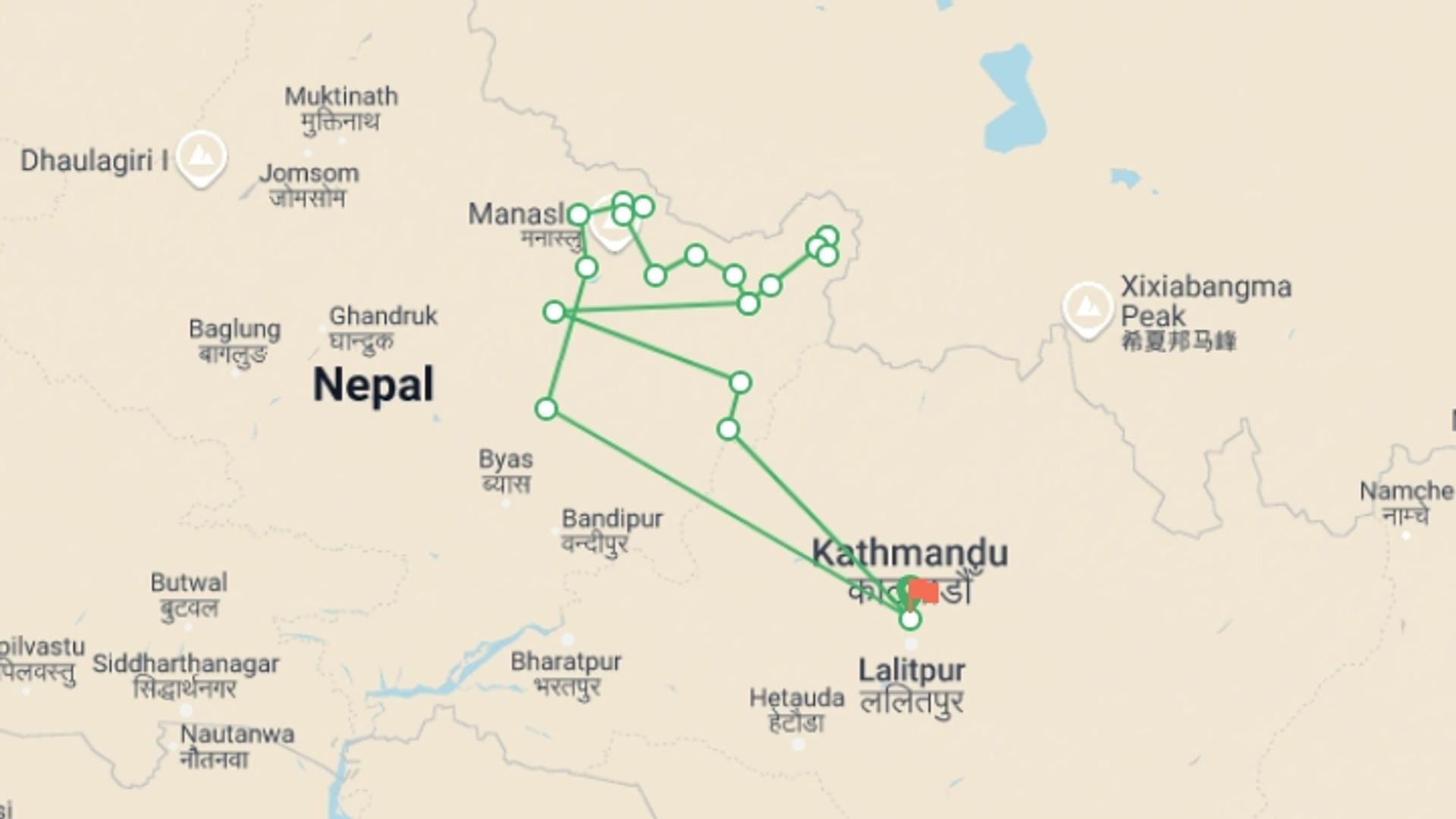 A map showing the tour itinerary for the trip: Manaslu-Tsum Valley trek, starting in Kathmandu, Nepal and ending in Kathmandu, Nepal going through 18 other destinations.