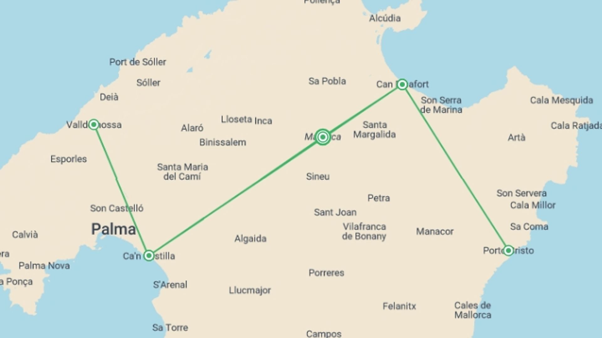 A map showing the tour itinerary for the trip: Classic Mallorca, Self-drive, starting in Mallorca, Spain and ending in Mallorca, Spain going through 3 other destinations.
