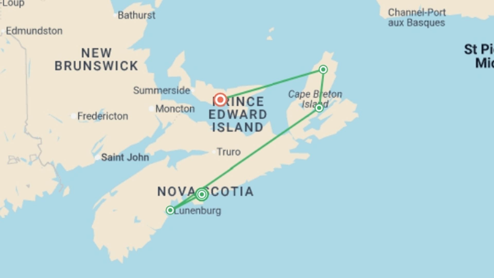 A map showing the tour itinerary for the trip: The Maritimes: Nova Scotia, starting in Halifax, Canada and ending in Charlottetown, Canada going through 3 other destinations.
