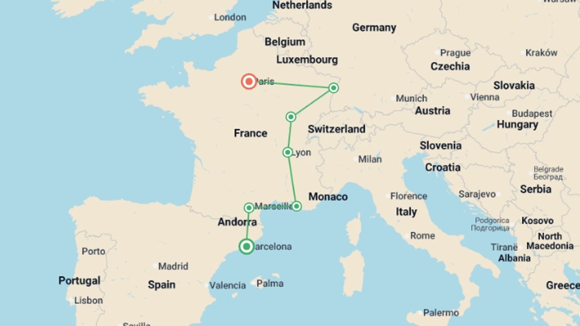 A map showing the tour itinerary for the trip: Catalonia, south of France, Burgundy and Alsace, starting in Barcelona, Spain and ending in Paris, France going through 5 other destinations.