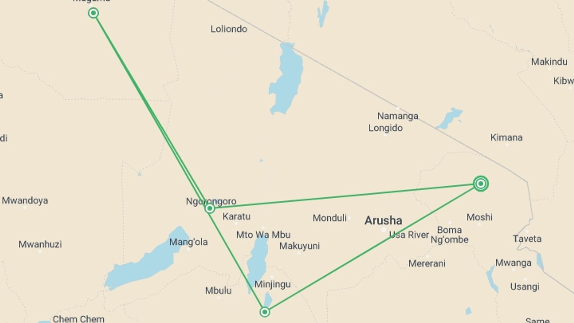 A map showing the tour itinerary for the trip: Wheelchair Accessible Tanzania Safari in 8 days, starting in Kilimanjaro, Tanzania and ending in Kilimanjaro, Tanzania going through 8 other destinations.