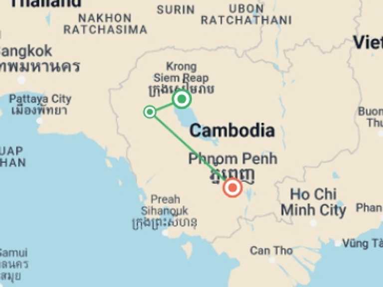 Map of Cambodia Tour with 3 destination visits for the trip: Taste of Battambang and Bamboo train