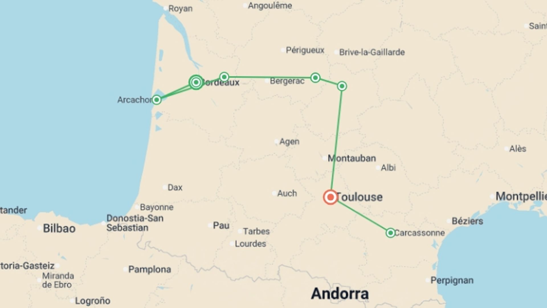 A map showing the tour itinerary for the trip: A Taste of Southern France  - Bordeaux to Toulouse, starting in Bordeaux, France and ending in Toulouse, France going through 4 other destinations.