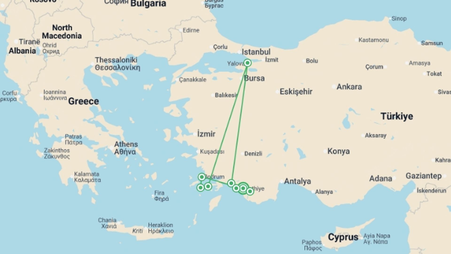 A map showing the tour itinerary for the trip: Lycian Coast Boat & Bike, starting in Fethiye, Turkey and ending in Fethiye, Turkey going through 8 other destinations.