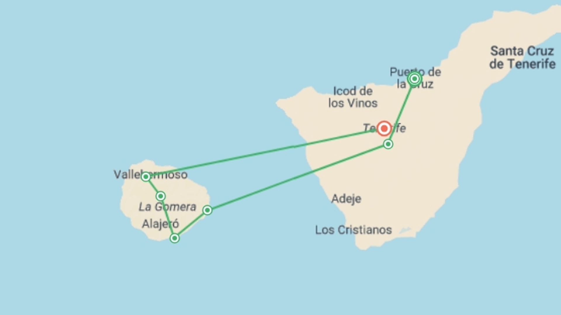 A map showing the tour itinerary for the trip: Walking Tenerife and La Gomera, starting in Puerto De La Cruz, Spain and ending in Tenerife, Spain going through 5 other destinations.