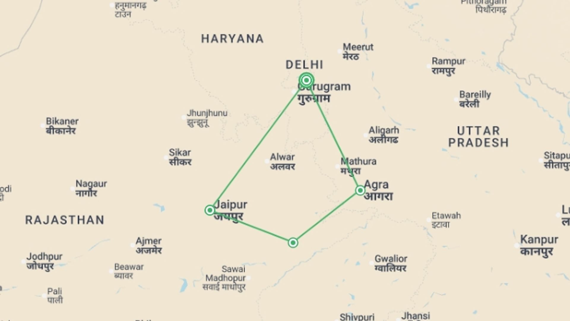 A map showing the tour itinerary for the trip: Holi, Festival of Colour - 8 days, starting in New Delhi, India and ending in New Delhi, India going through 4 other destinations.
