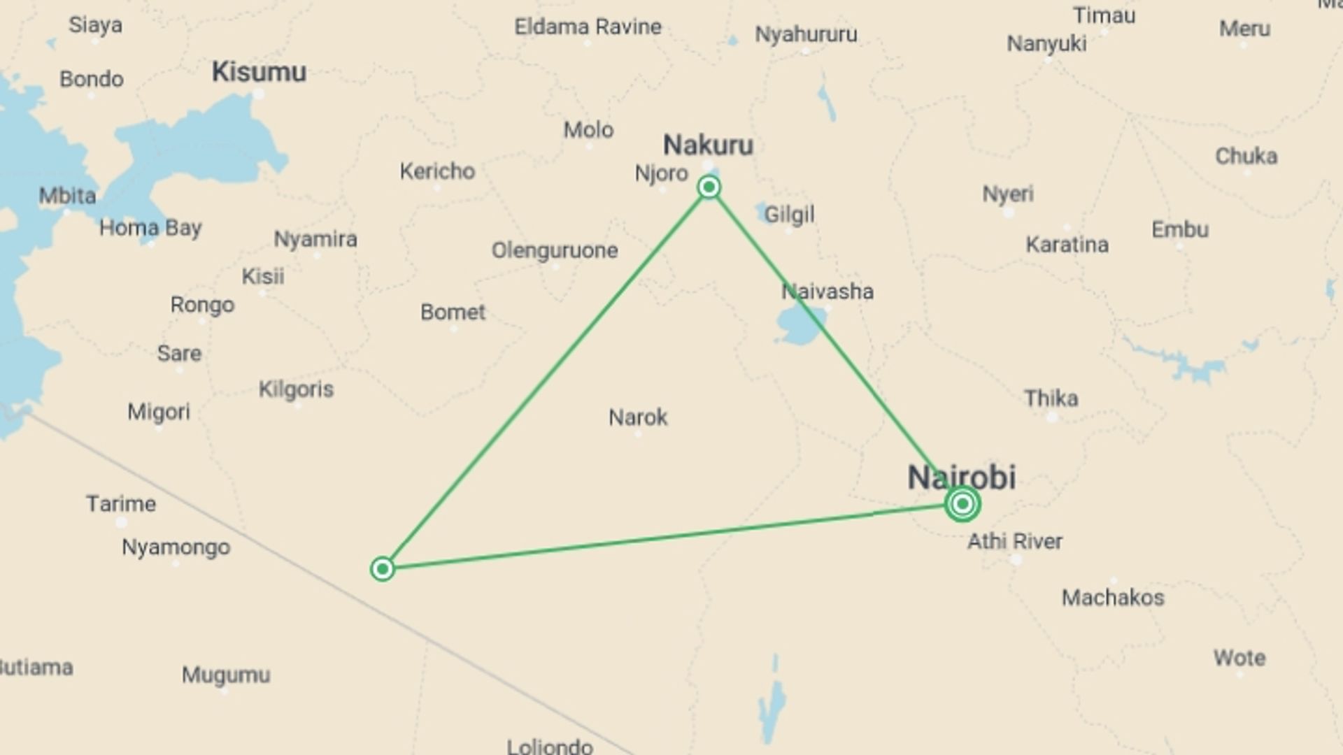 A map showing the tour itinerary for the trip: 4 Days Maasai Mara, Lake Nakuru Camping Safari, starting in Nairobi, Kenya and ending in Nairobi, Kenya going through 3 other destinations.