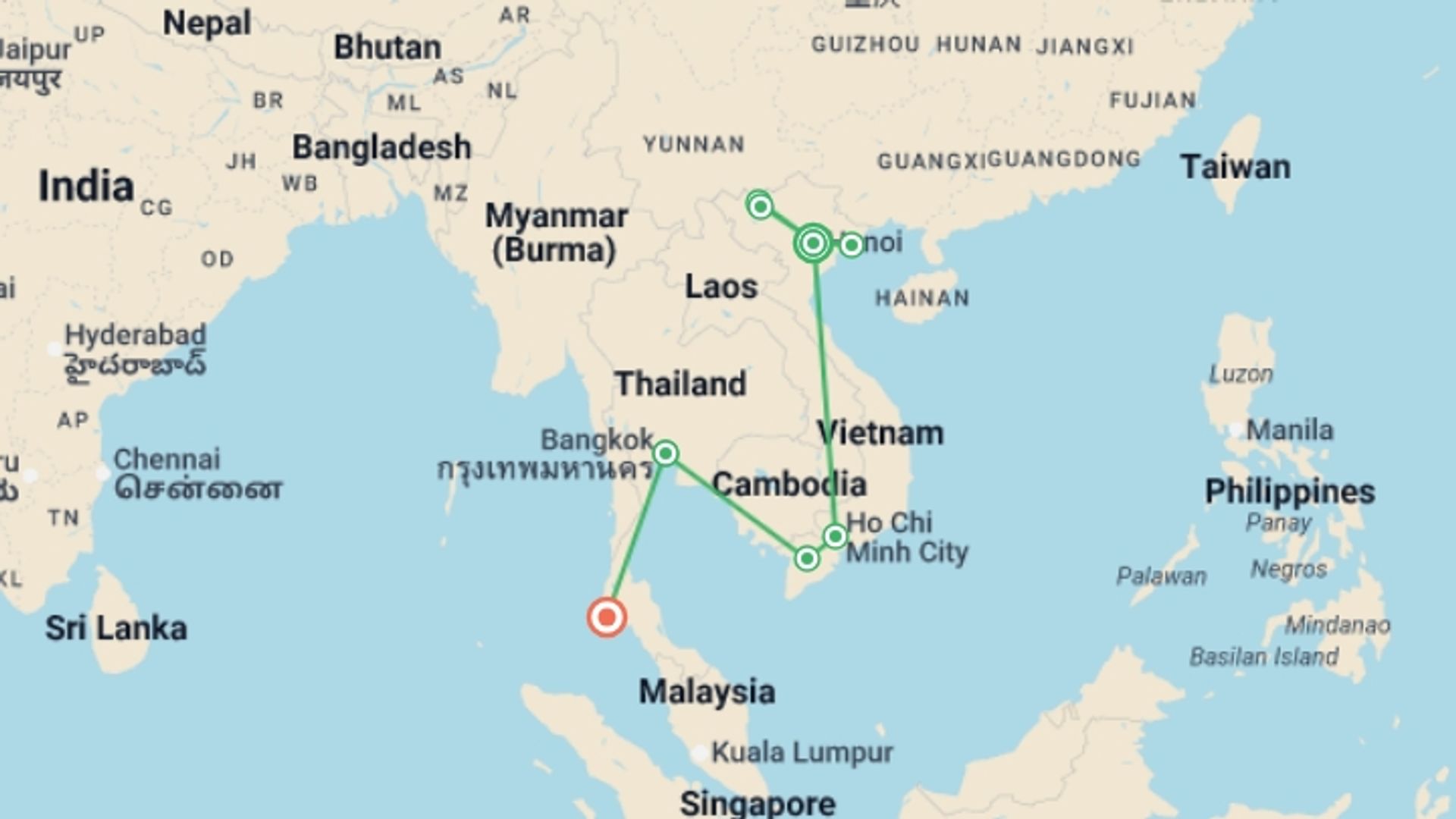 A map showing the tour itinerary for the trip: Vietnam & Thailand Deluxe Tour - 14 days, starting in Hanoi, Vietnam and ending in Phuket, Thailand going through 6 other destinations.