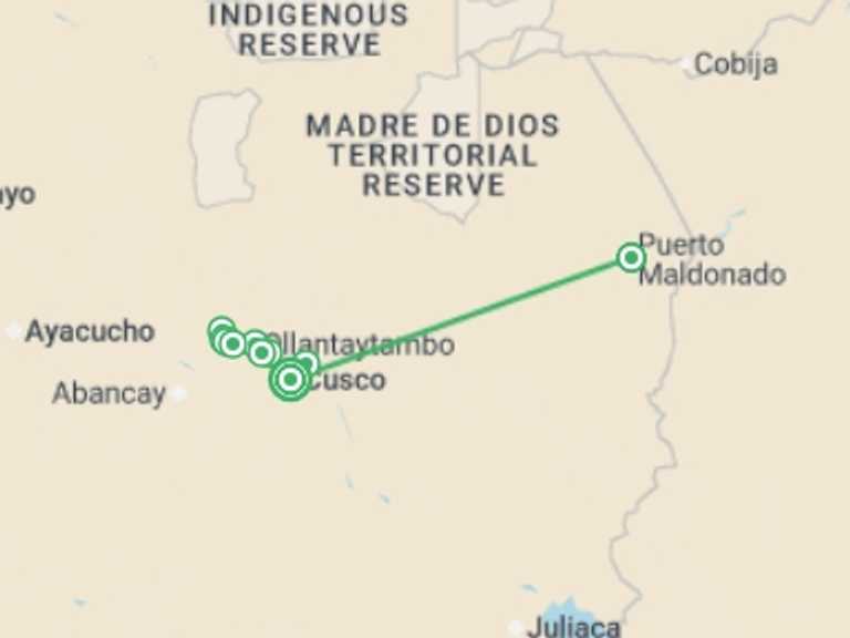 Map of 15-Day Peru Tour with 5 destination visits for the trip: Machu Picchu Trek & Amazon Combo 15D/14N
