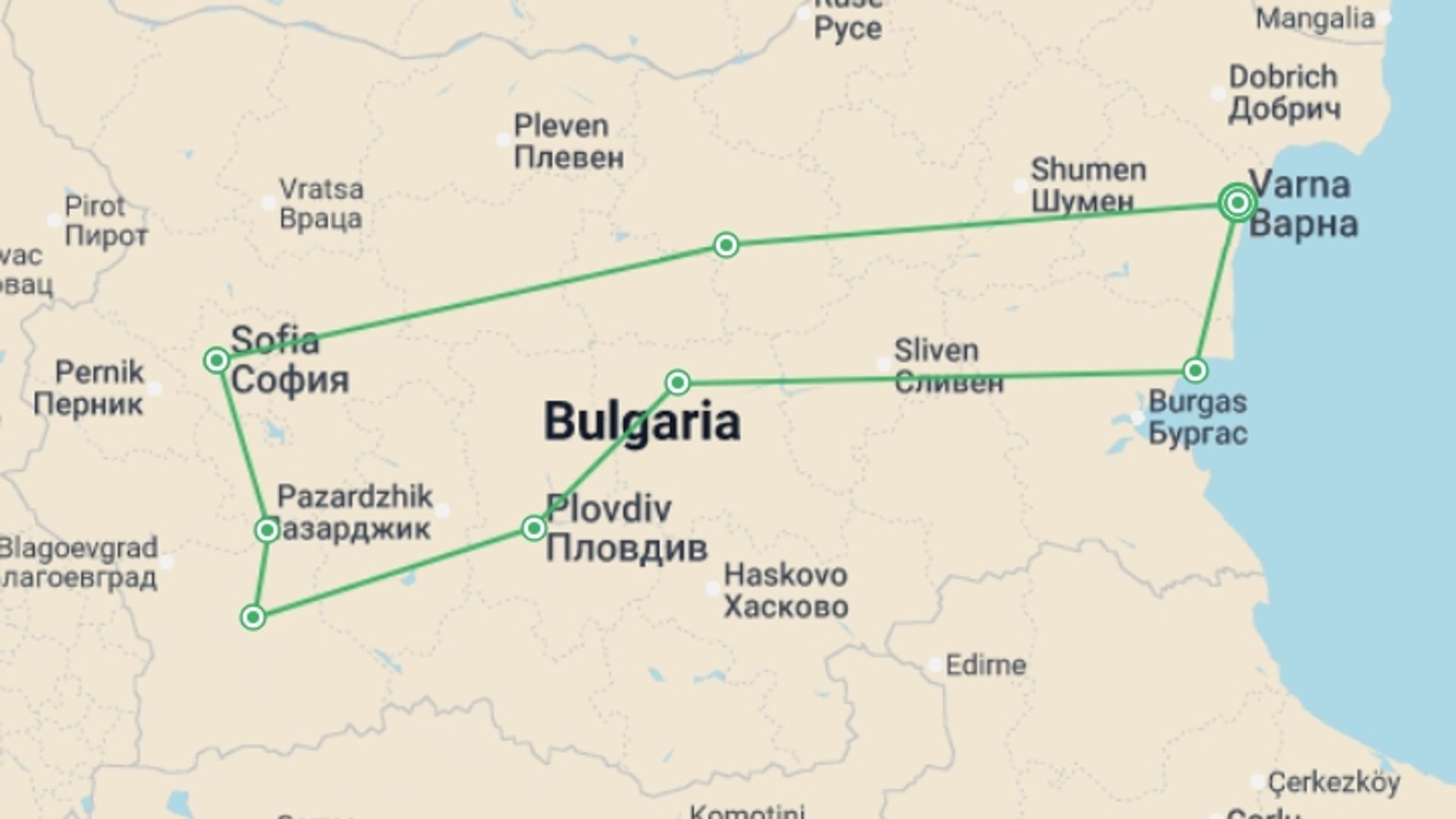 A map showing the tour itinerary for the trip: Secrets Of Bulgaria, Private Tour, starting in Varna, Bulgaria and ending in Varna, Bulgaria going through 4 other destinations.