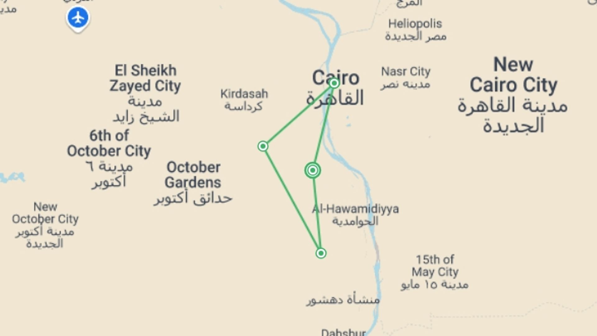 A map showing the tour itinerary for the trip: Cairo Luxury Hotel Break, starting in Cape Town, South Africa and ending in Cape Town, South Africa going through 2 other destinations.