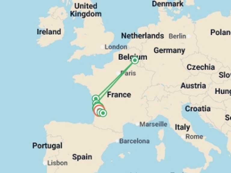 Map of Europe Tour with 5 destination visits for the trip: Aquitaine Reimagined: Bordeaux, Its Rivers and Great Wines ¿ An Exclusive Cruise with Lunch at a Château (port-to-port cruise)
