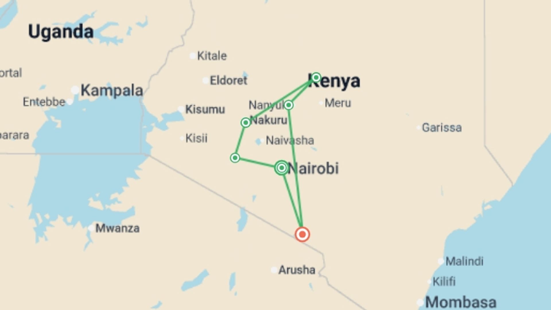 A map showing the tour itinerary for the trip: Highlights of Kenya - 11 days, starting in Nairobi, Kenya and ending in Amboseli National Park, Kenya going through 4 other destinations.