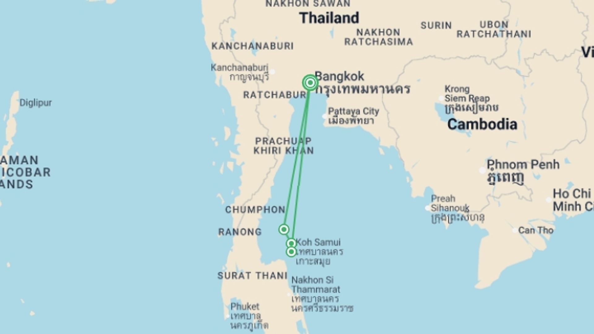 A map showing the tour itinerary for the trip: Thailand Island Hopping – East Coast, starting in Bangkok, Thailand and ending in Bangkok, Thailand going through 3 other destinations.