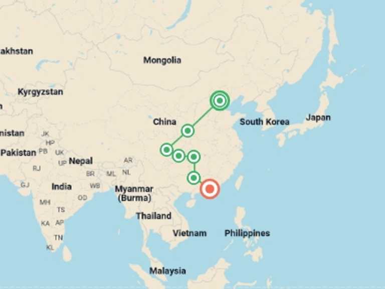 Map itinerary of Asia Tour in March 2027 with 7 destination visits for the trip: China: Natural Sites & City Lights