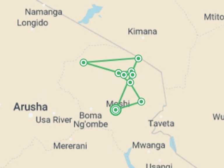 Map of Moshi Climbing Tour with 9 destination visits for the trip: Seven-Day Kilimanjaro Climb: Rongai Route