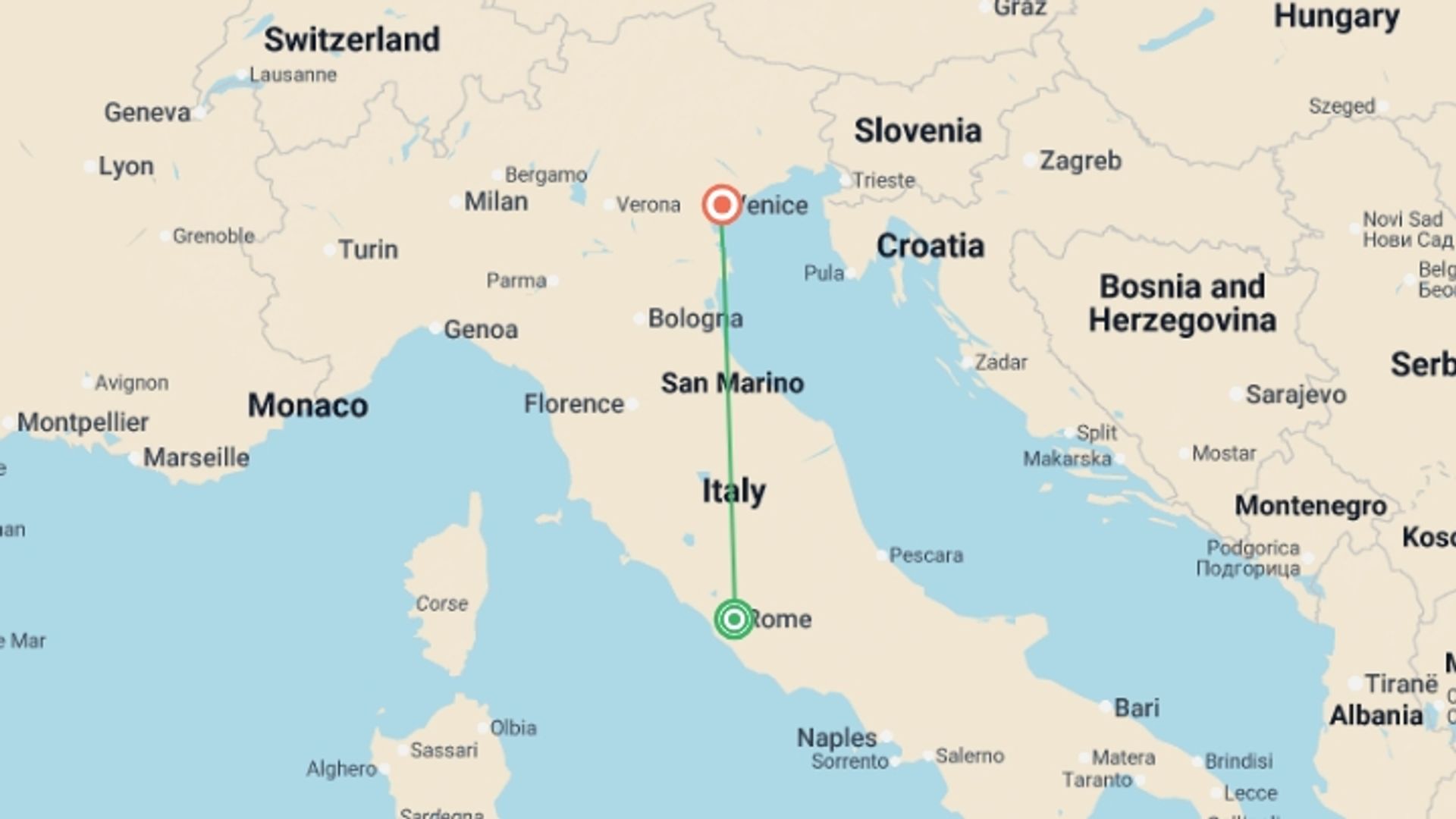A map showing the tour itinerary for the trip: Rome’s Finest: A Premium City Escape, starting in Rome, Italy and ending in Venice, Italy going through 0 other destinations.