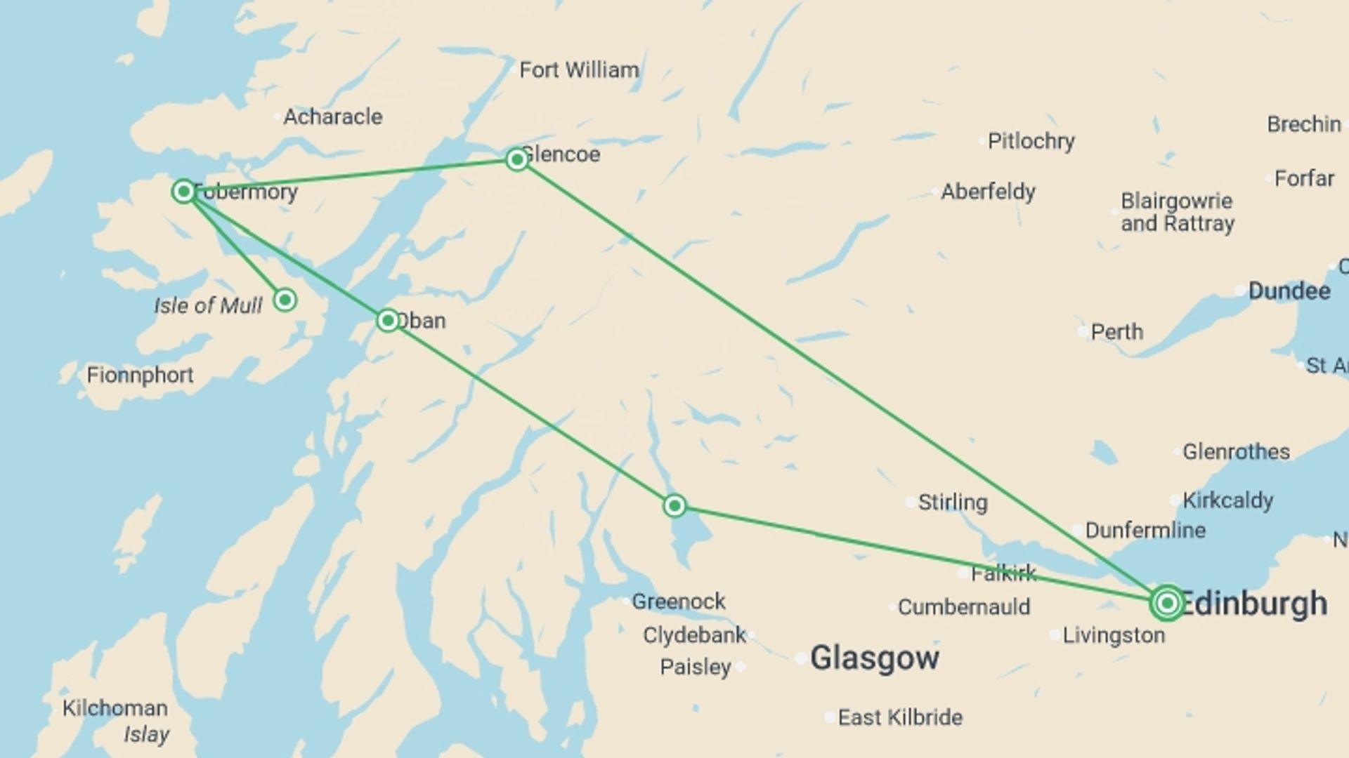 A map showing the tour itinerary for the trip: Mull, Iona & Highlands - 4 days, starting in Edinburgh, Scotland and ending in Edinburgh, Scotland going through 1 other destinations.