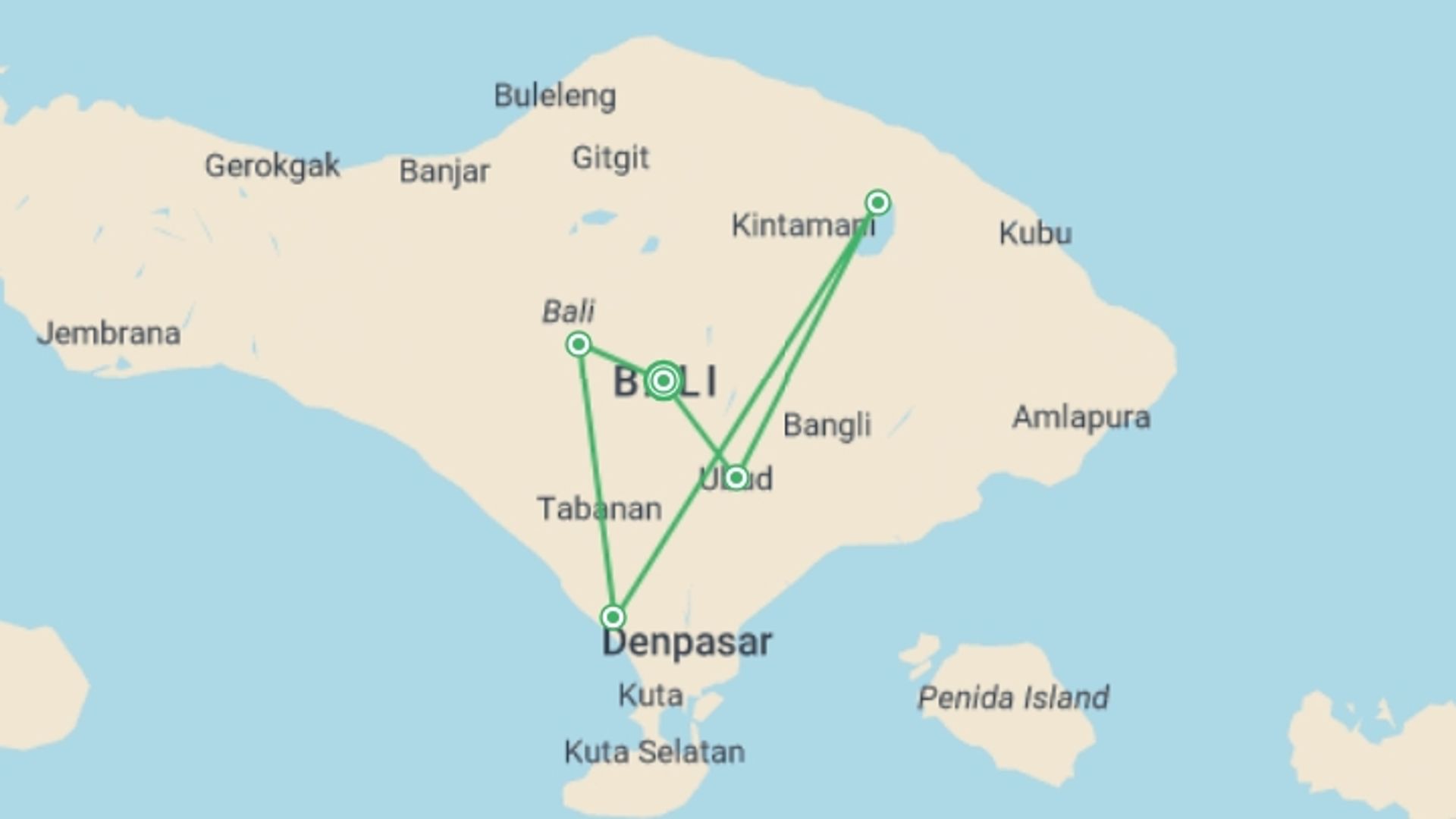 A map showing the tour itinerary for the trip: Four Day Getaway in Bali, starting in Bali, Indonesia and ending in Bali, Indonesia going through 3 other destinations.