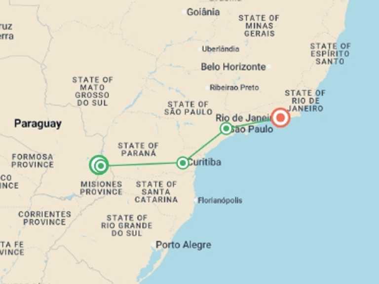 Map itinerary of South America Tour in October 2026 with 5 destination visits for the trip: Way to Rio - 10 days
