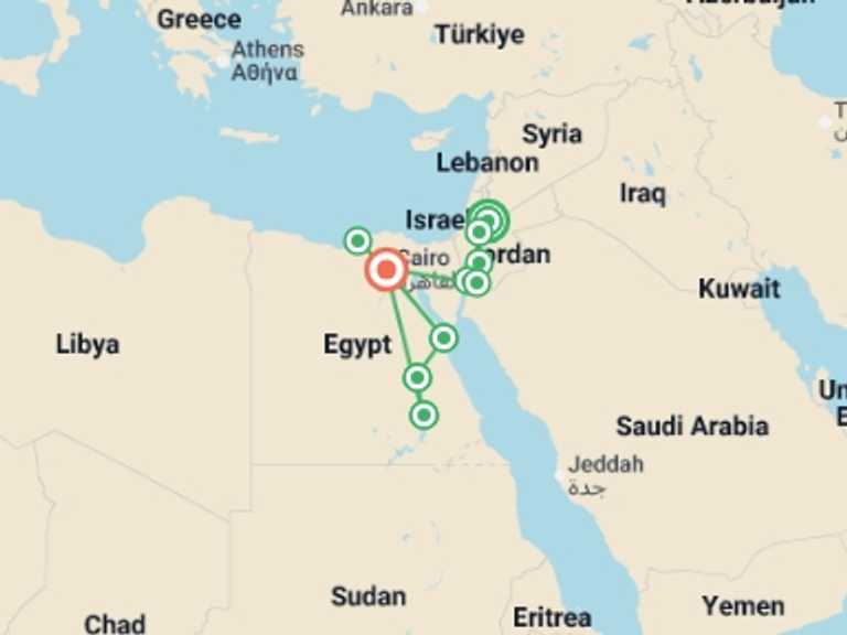 Map of Mediterranean Tour with 10 destination visits for the trip: Jordan, Eternal Nile and Alexandria