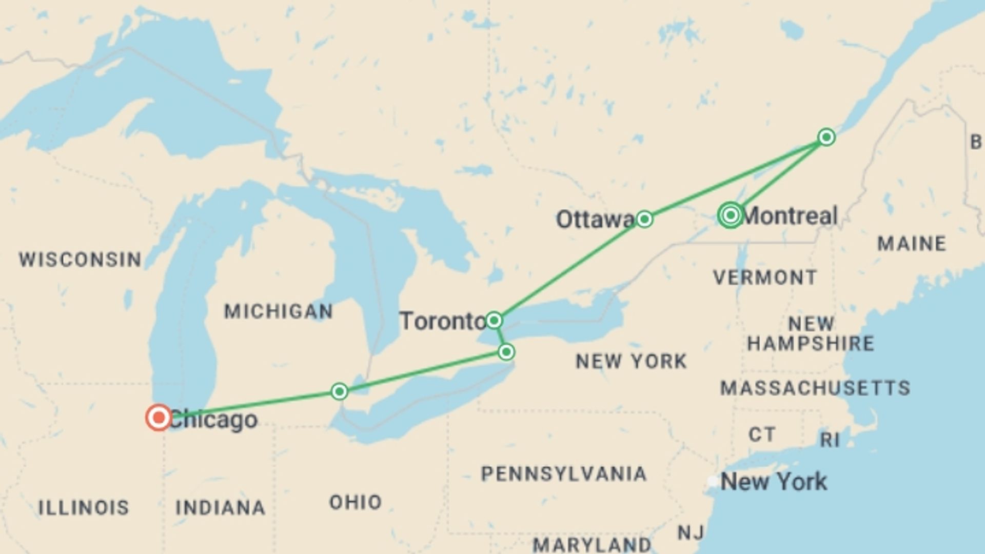 A map showing the tour itinerary for the trip: Unmissable Canada, Niagara and Chicago, starting in Montreal, Canada and ending in Chicago, USA going through 5 other destinations.