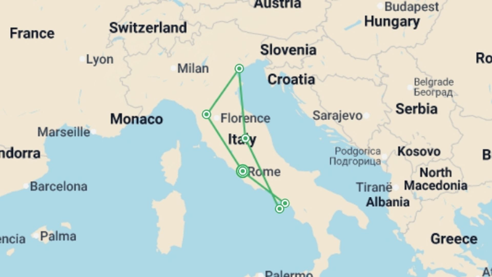 A map showing the tour itinerary for the trip: Italy Bellissimo, starting in Rome, Italy and ending in Rome, Italy going through 4 other destinations.
