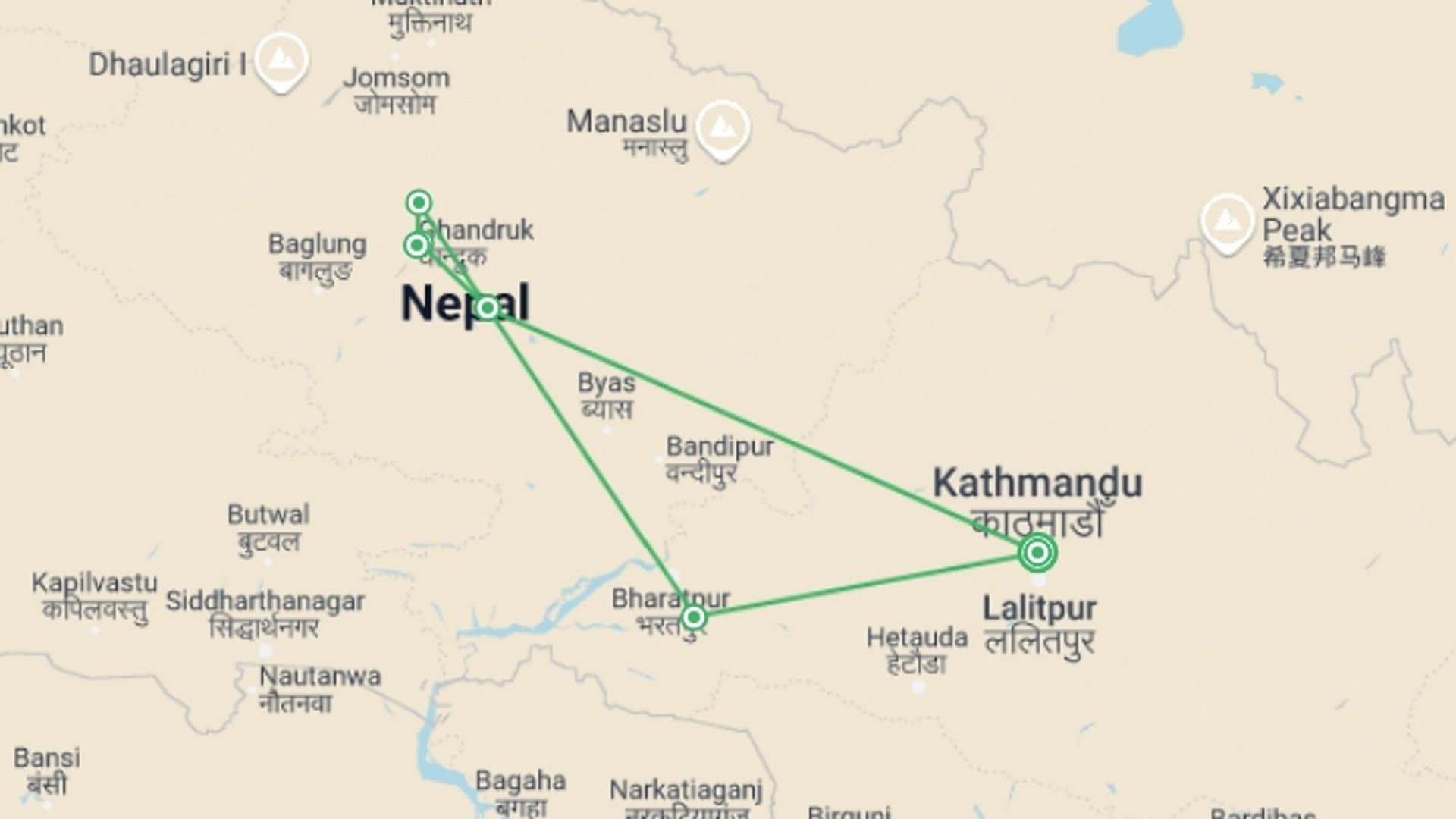 A map showing the tour itinerary for the trip: Annapurna Luxury Lodge Trek, starting in Kathmandu, Nepal and ending in Kathmandu, Nepal going through 4 other destinations.