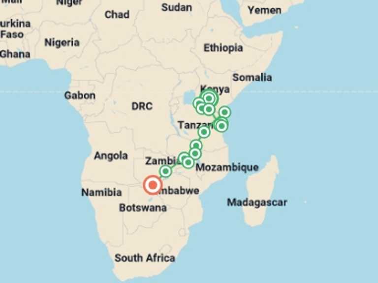 Map itinerary of Africa Tour in April 2027 with 15 destination visits for the trip: Serengeti to Victoria Falls Overland: Night Stars & Spices