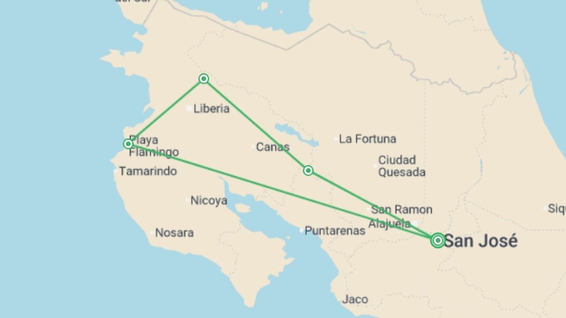 A map showing the tour itinerary for the trip: Costa Rica Family Journey: From Rainforest to Coast, starting in San Jose, Costa Rica and ending in San Jose, Costa Rica going through 3 other destinations.