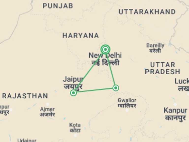 Map of 8-Day New Delhi Tour with 3 destination visits for the trip: Incredible India
