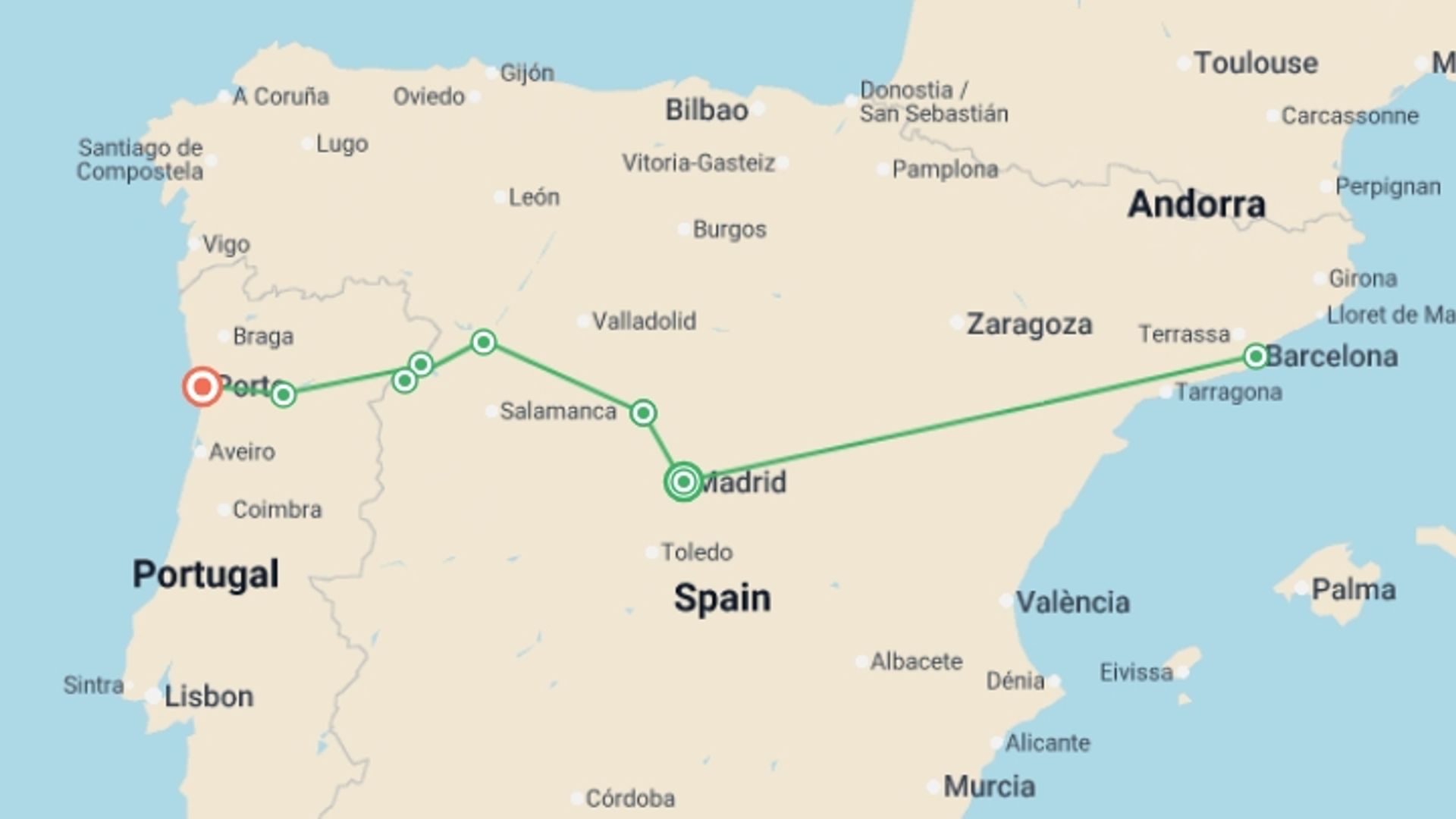 A map showing the tour itinerary for the trip: Walks and Wine Tasting in Spain and Portugal, starting in Madrid, Spain and ending in Porto, Portugal going through 6 other destinations.