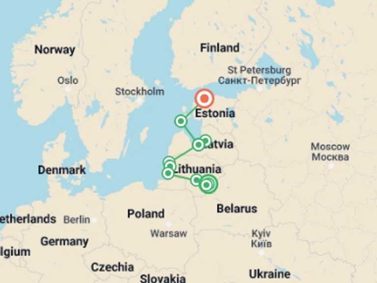 Map of a Bicycle Tour with 7 destination visits for the trip: Treasures of the Baltics Self Guided